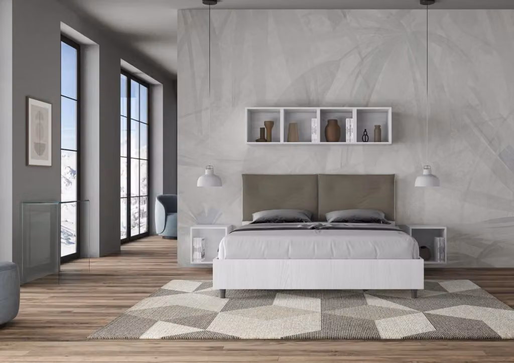 Letto Matrimoniale Giordanoshop con Contenitore a Alzata e Cuscini in Similpelle, Colore Bianco Frassico e Beige, L/P: 160 x 200 cm – 2