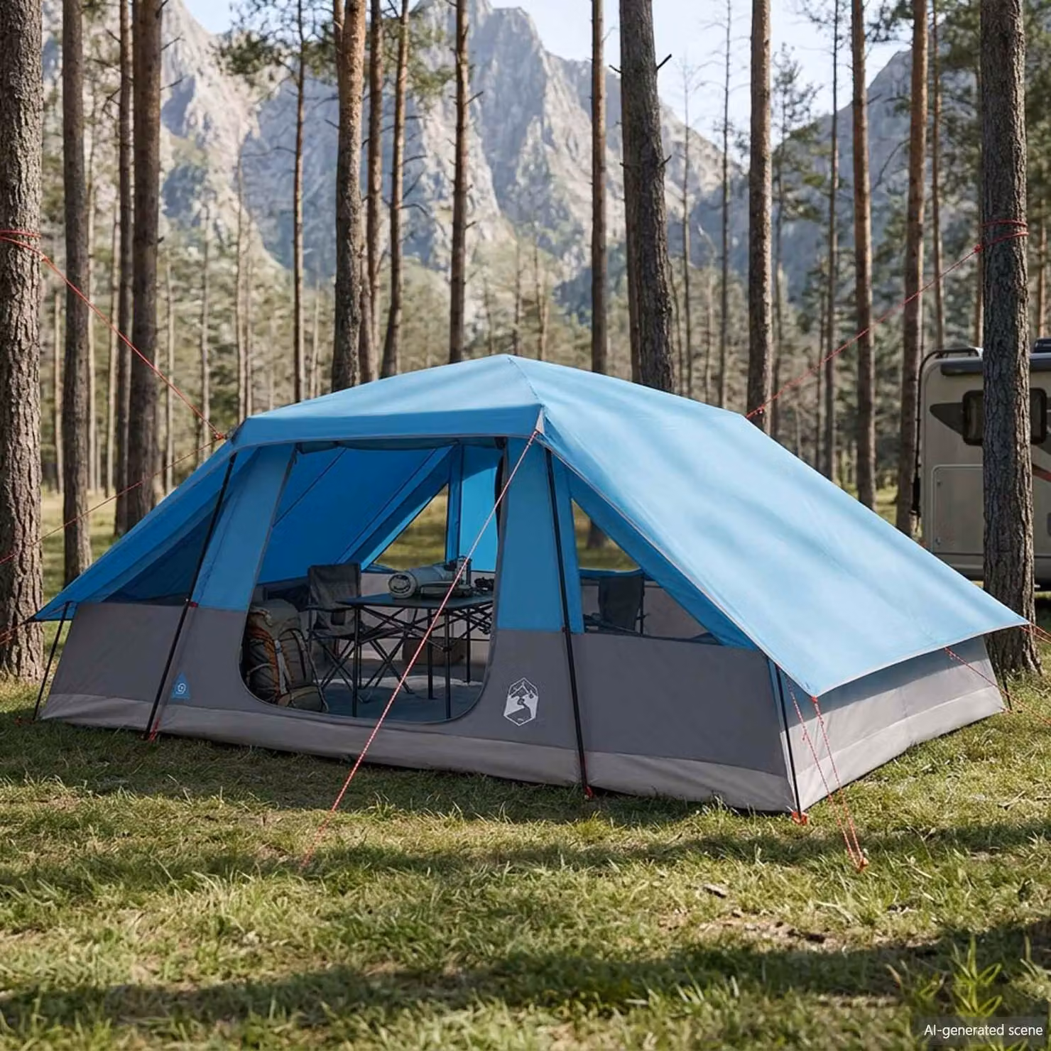 Tenda familiare vidaXL blu con telo da pioggia impermeabile in poliestere e acciaio