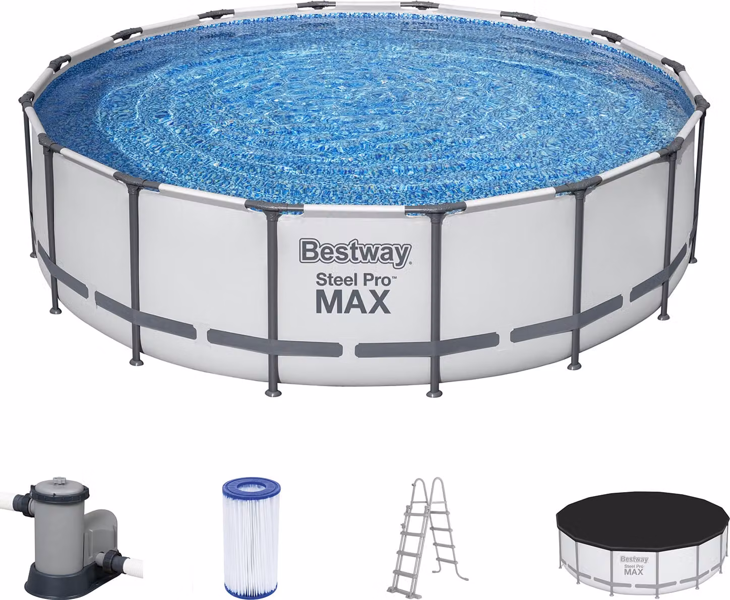 Bestway® Steel Pro MAX™ Frame Pool set completo con pompa filtro Ø 488 x 122 cm, grigio chiaro, rotondo