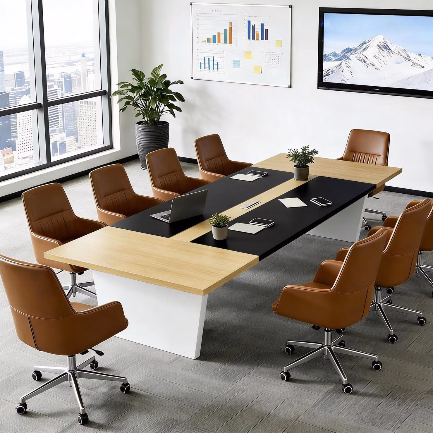 Tavolo da conferenza per ufficio, dimensioni 160x80x74 cm, colore nero e bianco, piano del tavolo spesso 2,5 cm
