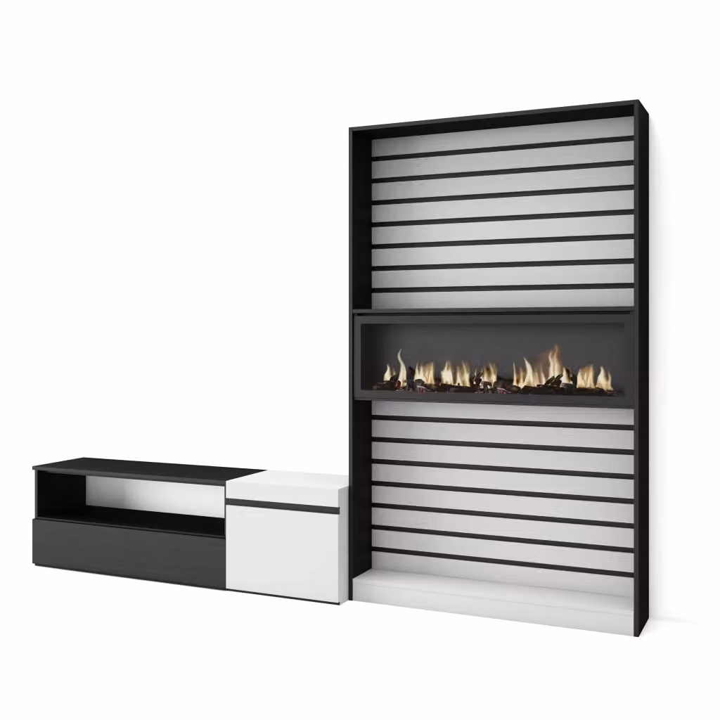 Mobile TV da soggiorno Skraut Home con camino elettrico per TV fino a 65 pollici, Bianco e Nero, L: 260 cm, P: 35 cm, H: 186 cm – 2