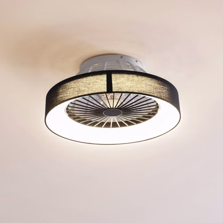Ventilatore da soffitto LED Lindby Mace, nero, silenzioso, Ø 47 cm Mace Lindby, dimmerabile, Nero, Soggiorno / Sala da pranzo, Plastica, Moderno