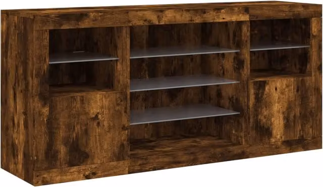 Mobile contenitore moderno con luci LED per cucina e soggiorno, finitura rovere marrone, L: 142,5 cm, P: 37 cm, H: 67 cm