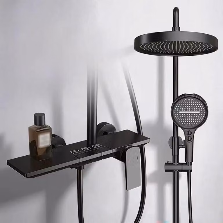 Sistema doccia a pioggia, miscelatore regolabile in altezza (32,5 cm), soffione a 4 getti, doccetta manuale, set doccia, colore nero