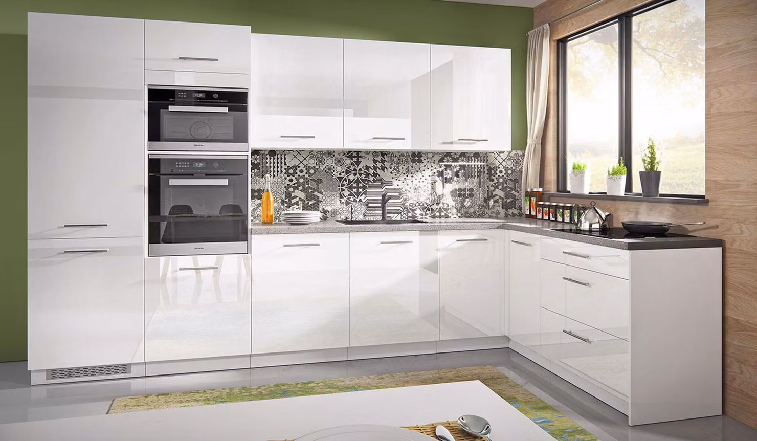 Mobile cucina a L Essen Trend cucina componibile 345x188cm bianco perla frontale bianco acrilico lucido