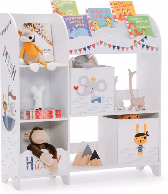 Mobile contenitore per giocattoli e libri HELLOSHOP26 in MDF bianco con 5 scomparti e 2 cassetti L: 93,2 cm, P: 29,7 cm, H: 102,2 cm