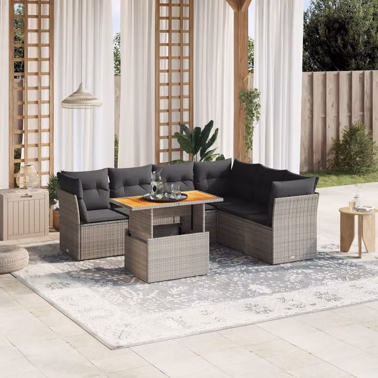 vidaXL Set Divani da Giardino 7 pz in Polyrattan Grigio con Cuscini e Tavolino
