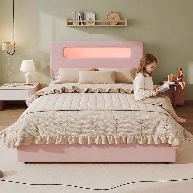 Letto imbottito rosa 140x200 cm in velluto con 4 cassetti e testiera LED controllata da app per cameretta