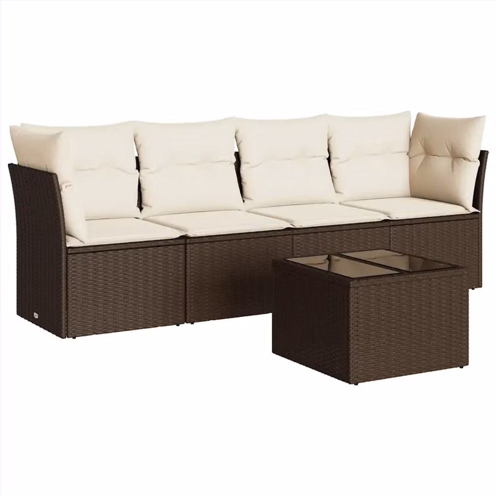 Set Divano da Giardino vidaXL 5 pz in Polyrattan Marrone con Cuscini Bianchi e Tavolino da Esterno a Forma di L – 2