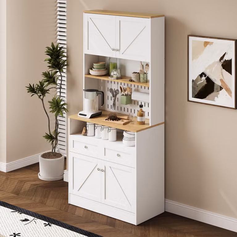 mobile da cucina okwish con scomparti chiusi e aperti, credenza buffet con ripiani e appendiabiti, bianco