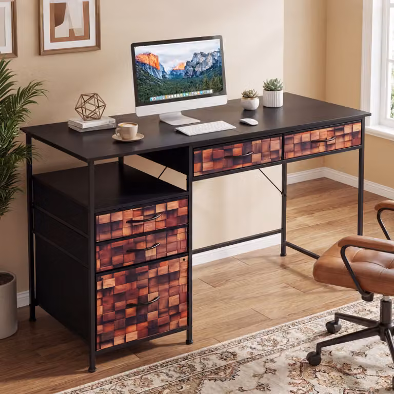 Scrivania per computer moderna Costway con mensola, colore nero, L: 120 cm, P: 50 cm