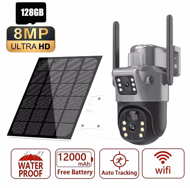 Telecamera di sorveglianza solare - 4K 8MP PTZ con doppia lente - WiFi 5 GHz - Rilevamento persone tramite PIR e tracciamento - Telecamera di sicurezza per esterni IP66 - con scheda di memoria da 128 GB