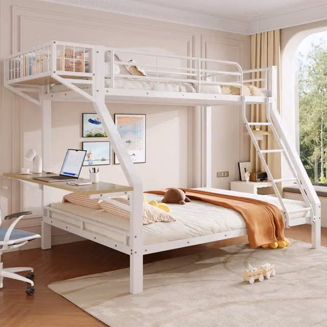 Letto a castello 90 x 200 / 140 x 200 cm; scrivania; contenitore aperto; sponde di sicurezza; scala; struttura in metallo; bianco