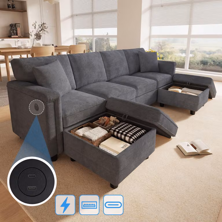 Divano angolare modulare Merax, divano a 4 posti con poggiapiedi contenitore, trasformabile in forma a L o a U, rivestito in velluto, con porta USB e Type-C, dimensioni 261×134×82 cm, colore grigio
