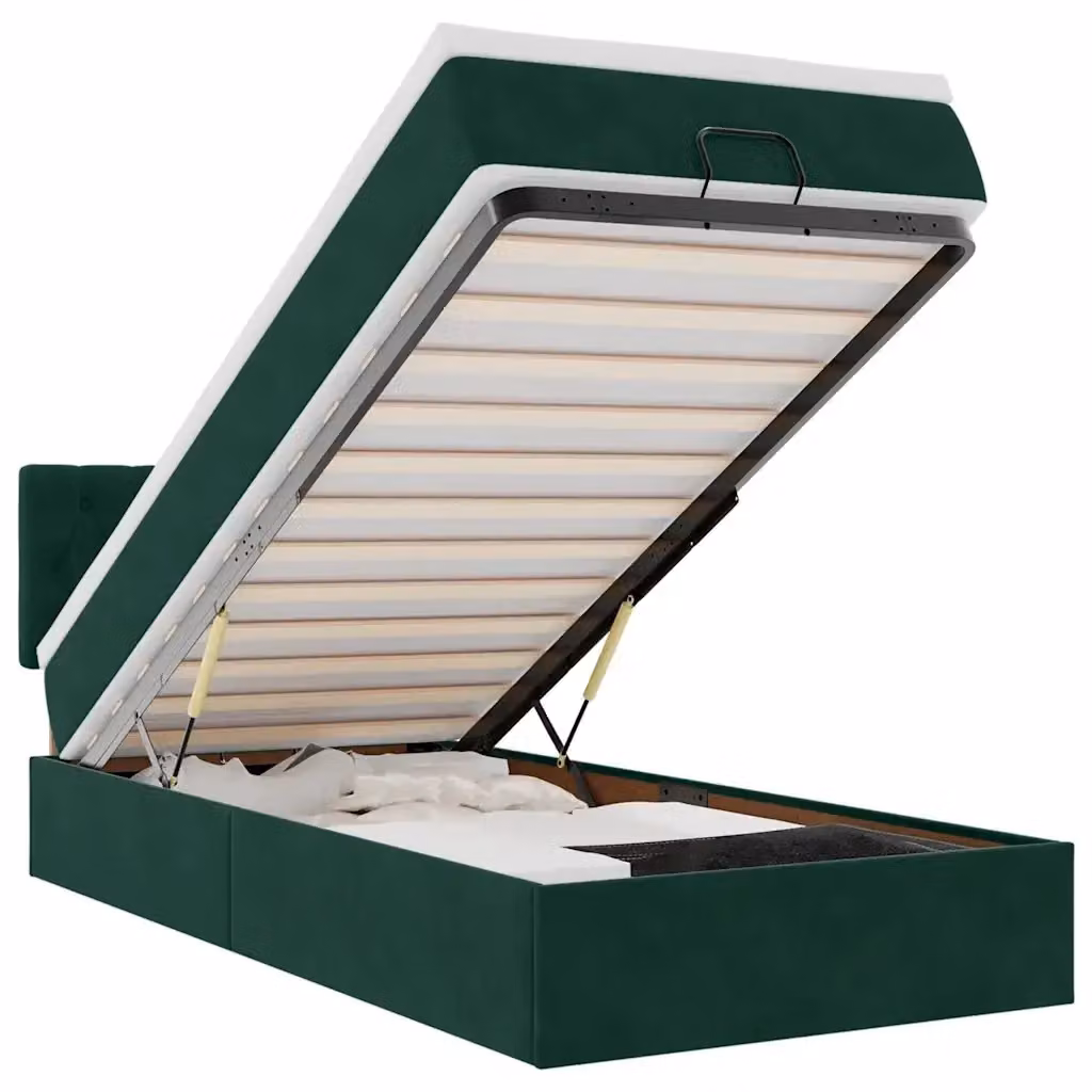 Letto con contenitore a sollevamento vidaXL in velluto verde e bianco con materasso, illuminazione sottostante e porta di ricarica USB, L/P/H: 203 x 140 x 88 cm – 2