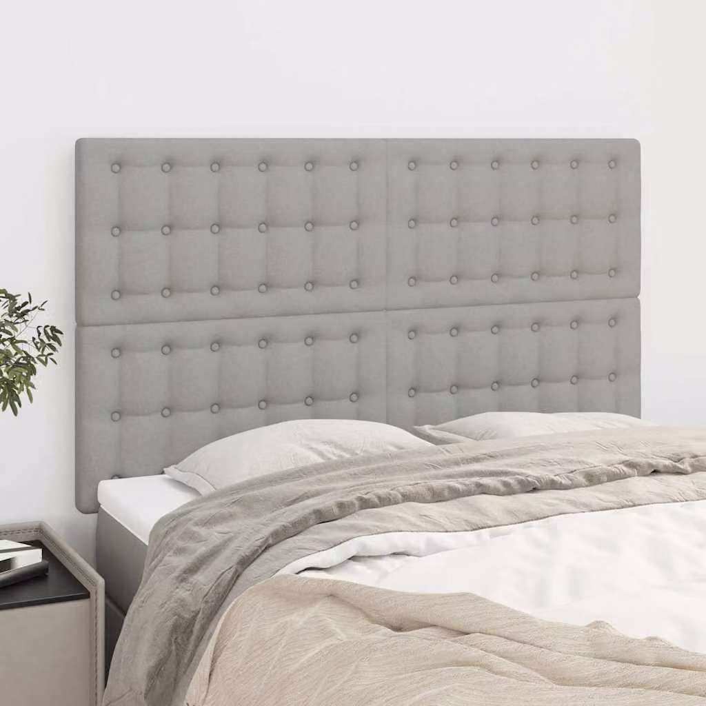 Testiera per letto vidaXL in tessuto grigio chiaro con struttura in legno e pannello imbottito L: 144 cm, P: 5 cm, H: 118/128 cm