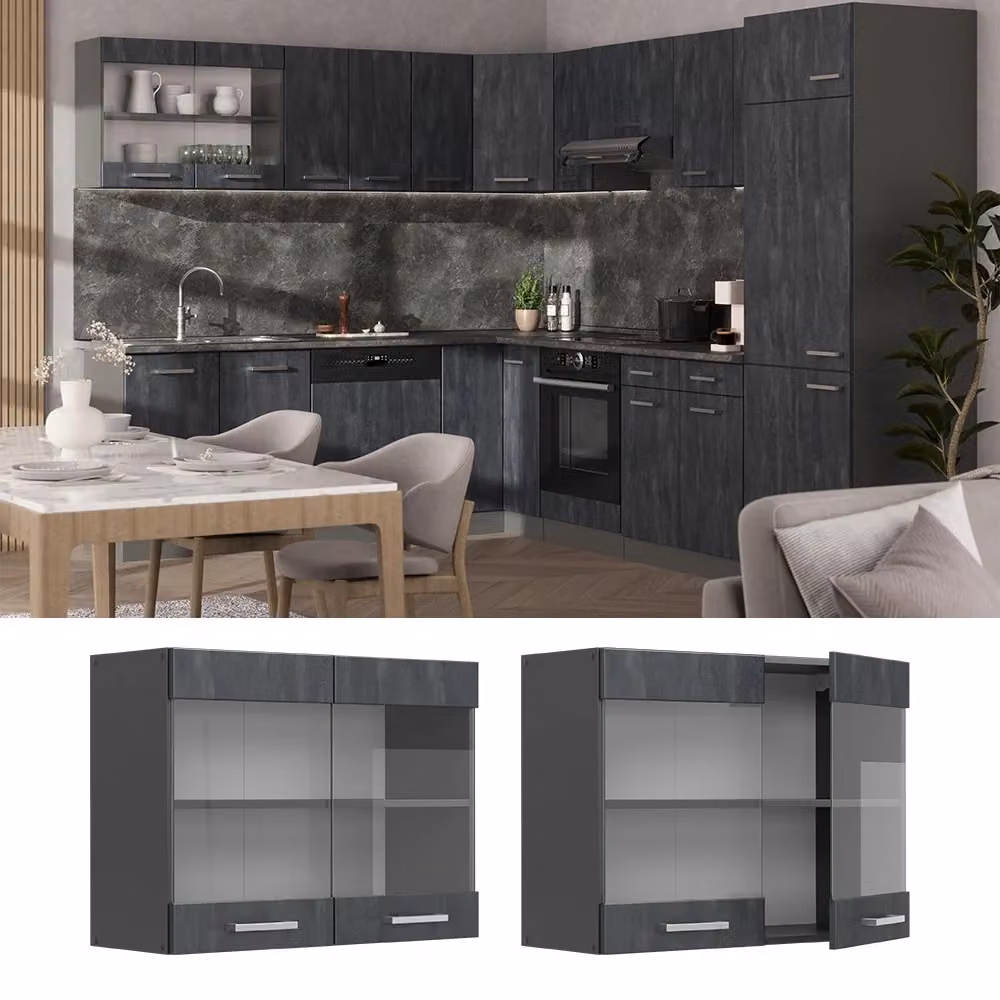 Pensile da cucina moderno Vicco R-Line con ante in vetro, colore nero e antracite, L: 80 cm, H: 60 cm, P: 31 cm – 2
