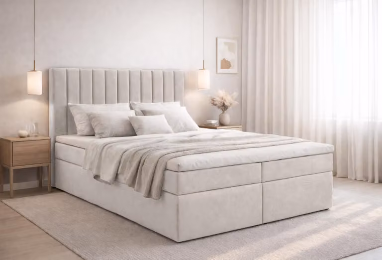 Letto boxspring AX LIVING Bursa 140x200 beige con topper, contenitore e struttura comfort