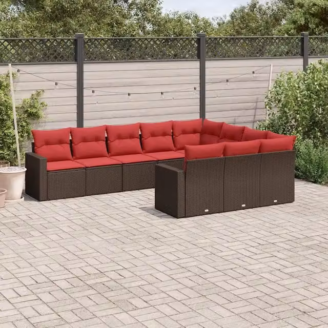 Set Divani da Giardino 10pz con Cuscini in Polyrattan Marrone 3219484