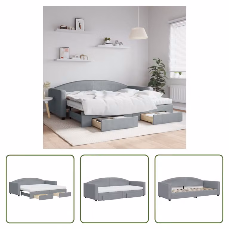 The Living Store Letto da giorno allungabile con cassetti grigio chiaro 90x200 cm tessuto