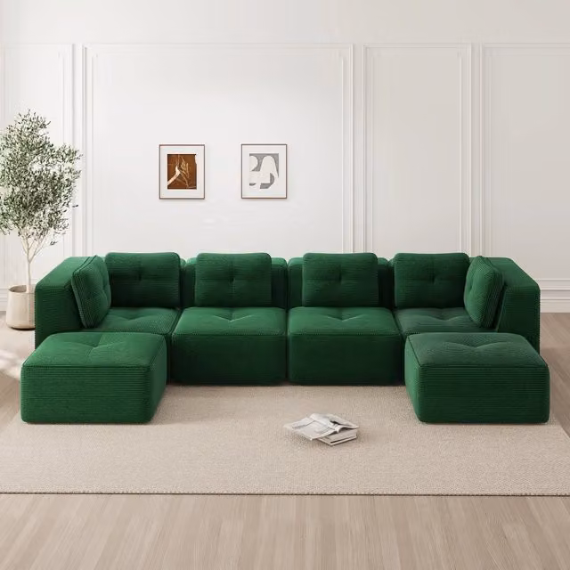 Desviae Divano angolare modulare in velluto a coste verde con base antiscivolo, ampi braccioli e nessun montaggio
