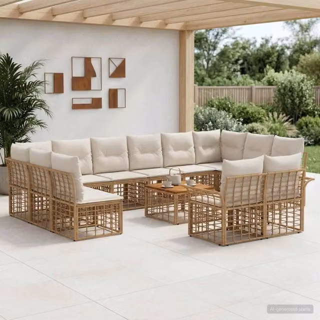 Set di divani da esterno 13 pz 12-Posti Naturale e Bianco Crema 3437788