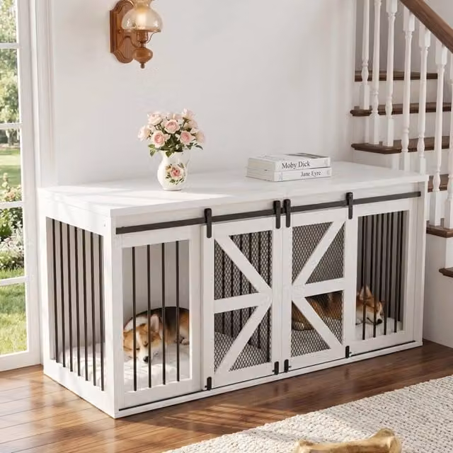 Cuccia per cani a doppio spazio REDOM in MDF e metallo bianca L: 160 cm, P: 60 cm, H: 75 cm
