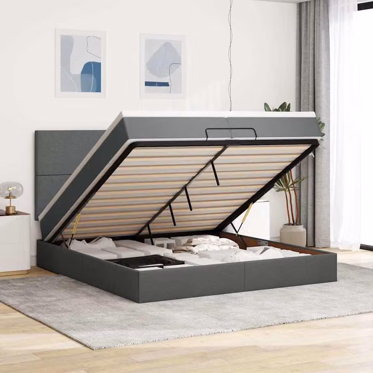 vidaXL Struttura Letto con Contenitore e Materassi in Tessuto, L/P: 200 x 200 cm, Grigio e Bianco