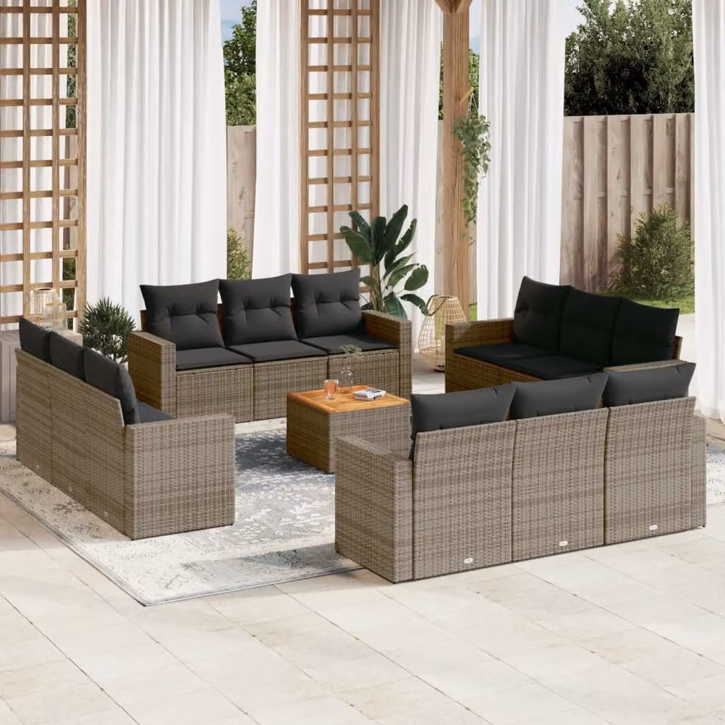 vidaXL Set Divani da Giardino 13 pz a Forma a U in Polyrattan con Cuscini, Tavolino e Poltrone, Grigio e Marrone – 1