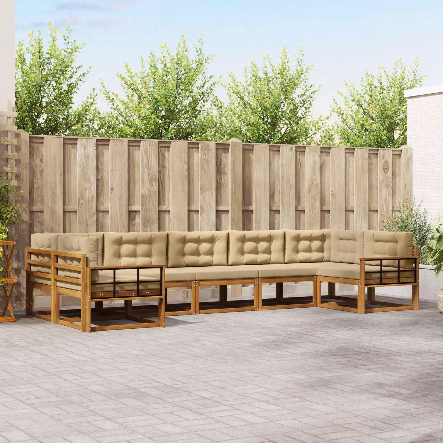 vidaXL Set di divani da esterno a L in legno di acacia con cuscini, 7 pezzi, Beige e Marrone
