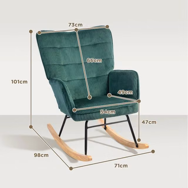 Poltrona a dondolo REDOM con braccioli in tessuto verde, struttura in metallo e legno di faggio, L: 71 cm, P: 98 cm, H: 101 cm – 1