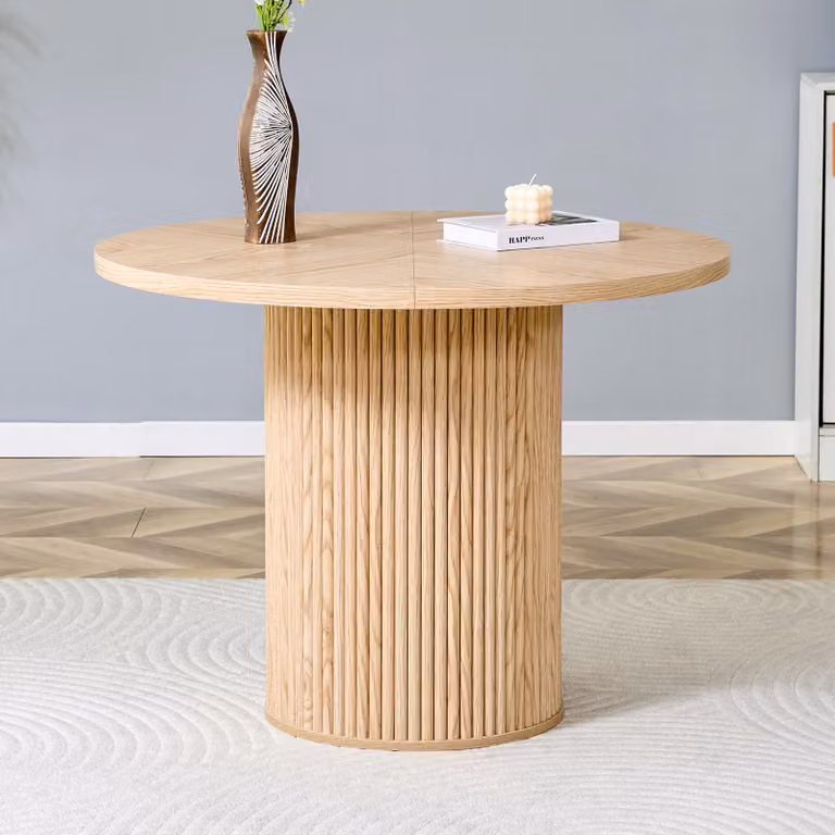 MODFU Tavolo da pranzo, tavolo da salotto, gambe cilindriche con vano contenitore, piano a 4 segmenti, motivo in legno, per 4-6 persone, naturale