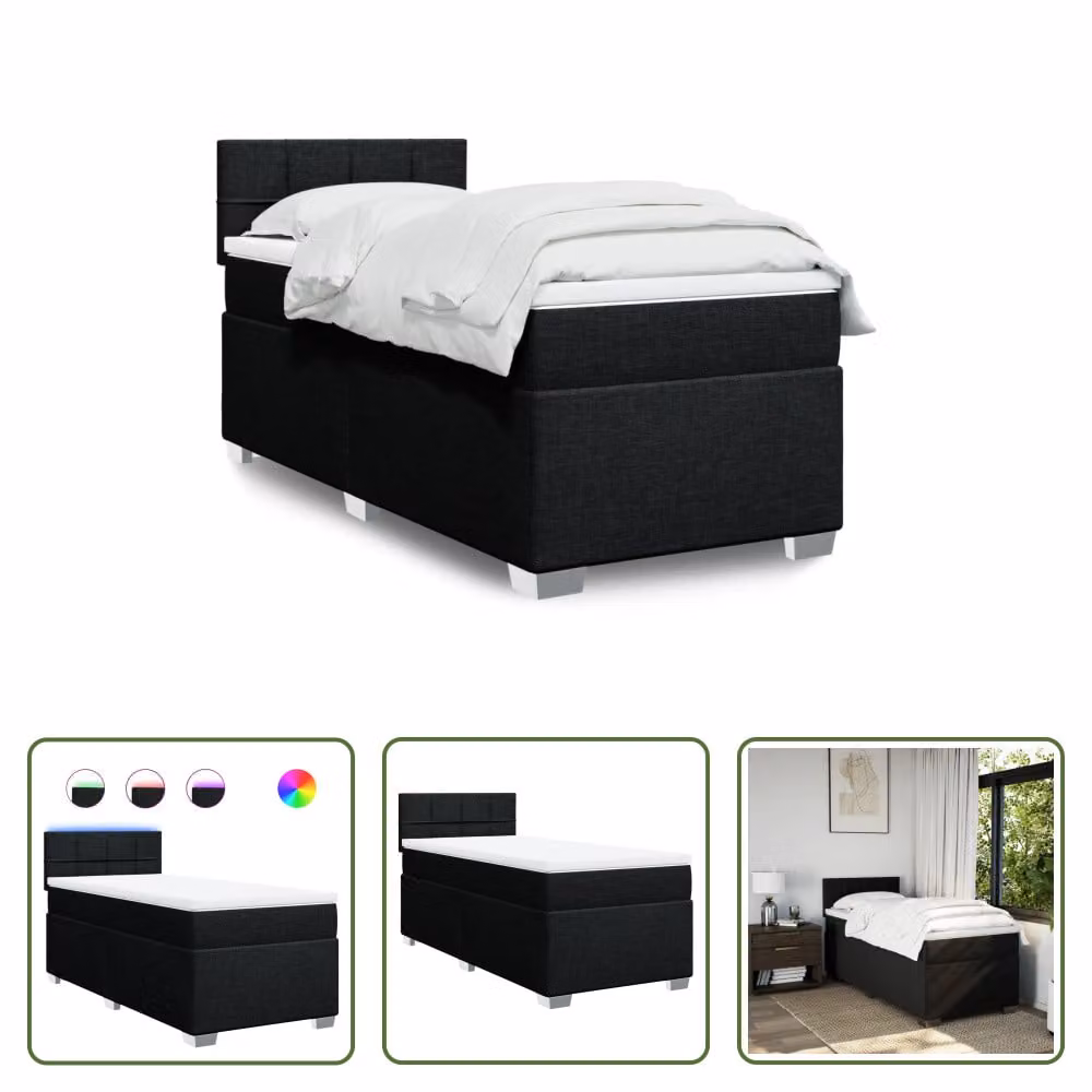 The Living Store Letto a molle con materasso nero 90x190 cm in tessuto