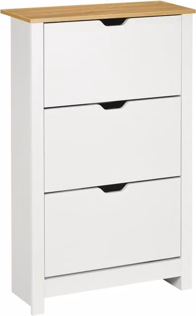 Mobile portascarpe a 3 ribalte in bianco e naturale, 72 x 26 x 112 cm, capacità 18 paia di scarpe