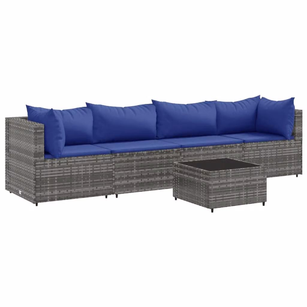 Set Divani da Giardino 5 pz con Cuscini in Polyrattan Grigio