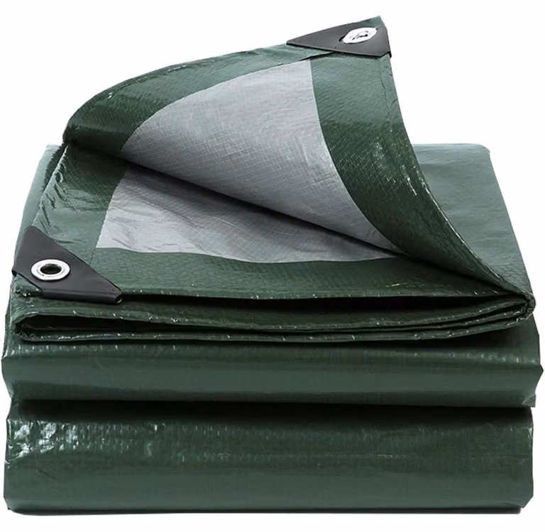 Telo protettivo impermeabile e resistente, dimensioni 1,5 x 6 metri, colore verde militare/argento, realizzato in polietilene da 130 g/m² con occhielli