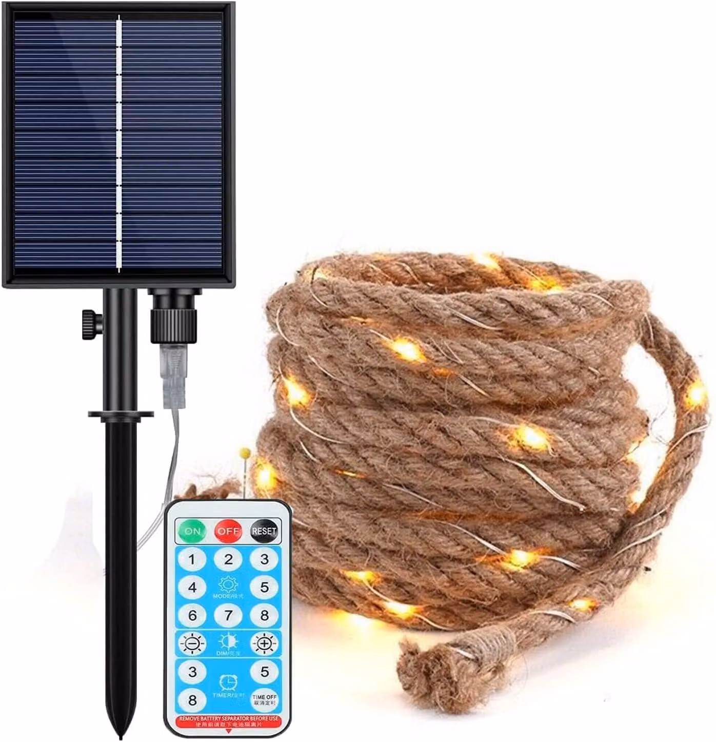 Catena luminosa solare con cavo in canapa, 10 metri, 200 LED, luce bianco caldo, grado di protezione IP65, 8 modalità