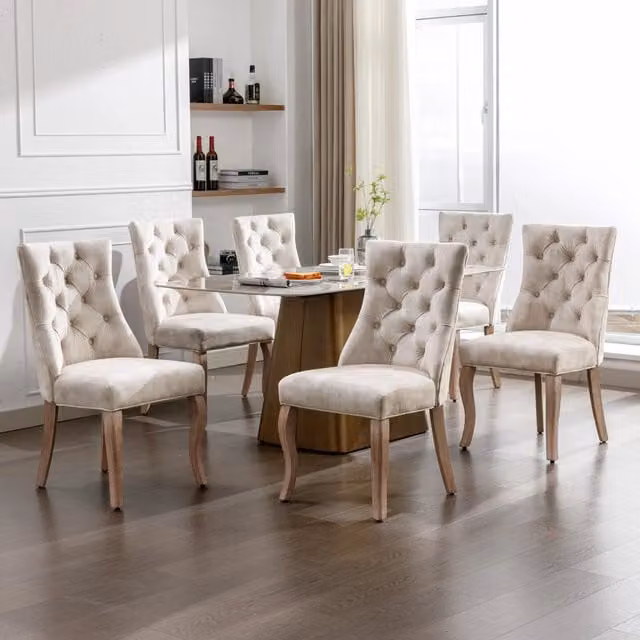 Sedia da pranzo in velluto beige chiaro - Zephmum - Schienale alto, imbottitura a bottoni, telaio in legno massello, set da 6