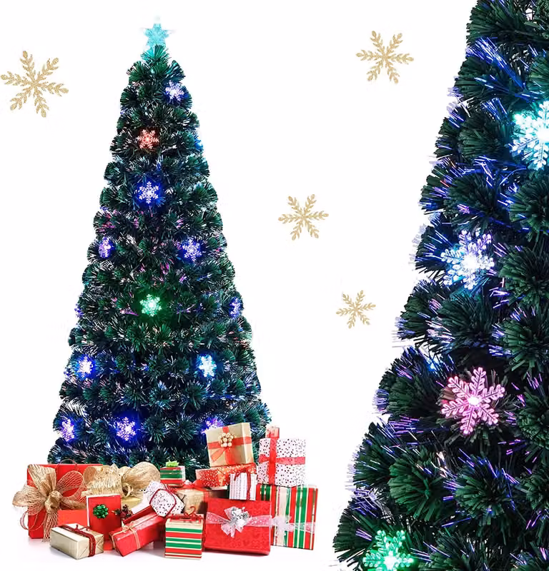 COSTWAY Albero di Natale artificiale a LED da 180 cm con cambiacolori a fibre ottiche e cima a stella, albero di Natale 220 aghi in PVC, albero di Natale ideale per casa, ufficio, negozi e hotel, verde