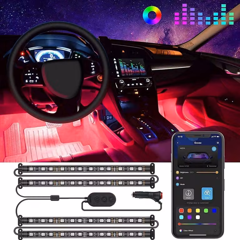 Kit di illuminazione interna per auto con LED RGB, composto da 4 strisce, impermeabili, controllabili tramite app, con sensibilità alla musica e alimentazione a 12V