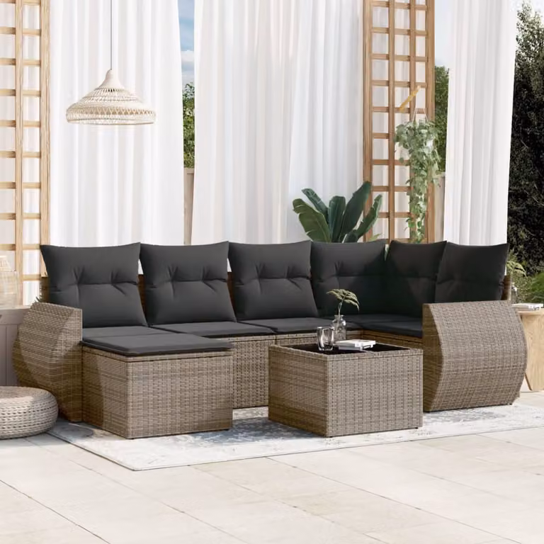 vidaXL Set Divani da Giardino 7 pz in Polyrattan Grigio con Cuscini e Tavolino