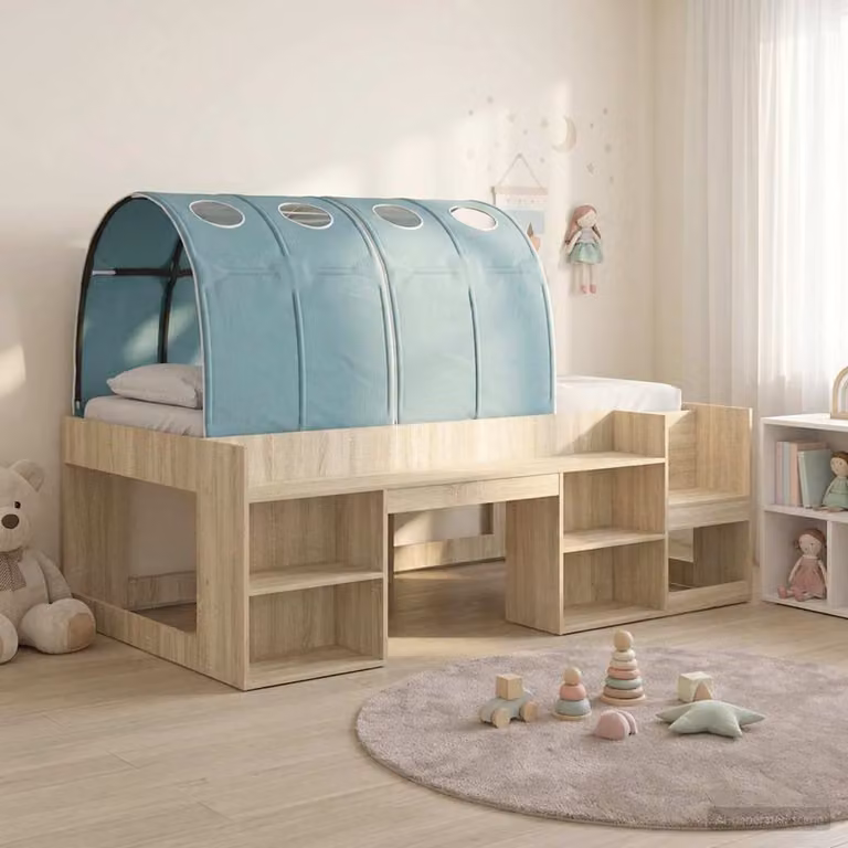 Letto per bambini vidaXL con struttura a casetta, tunnel e scaffale, Rovere e Azzurro, 100 x 200 cm