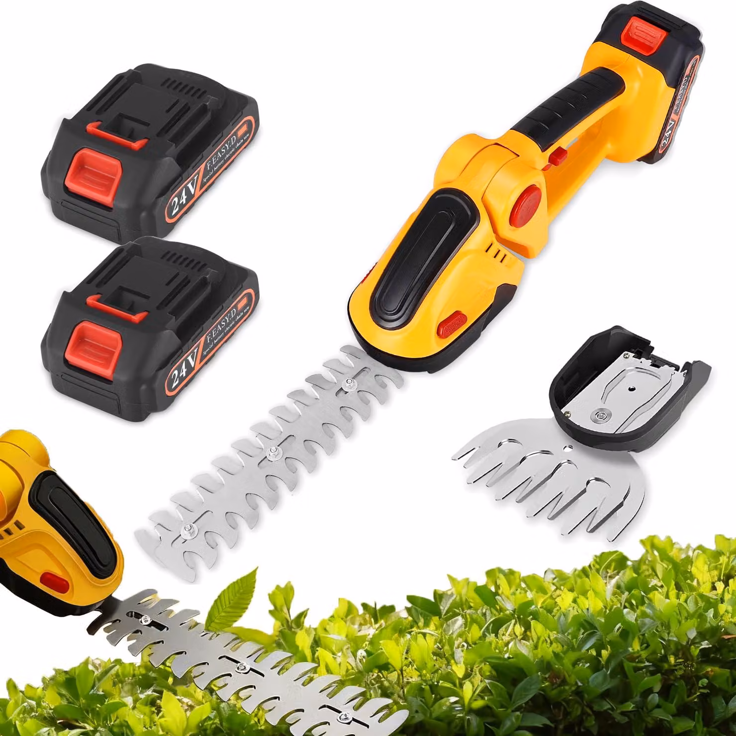 Potatore a cespugli e a siepi, senza fili, tagliasiepi elettrico, 24 V, con 2 batterie da 1500 mAh