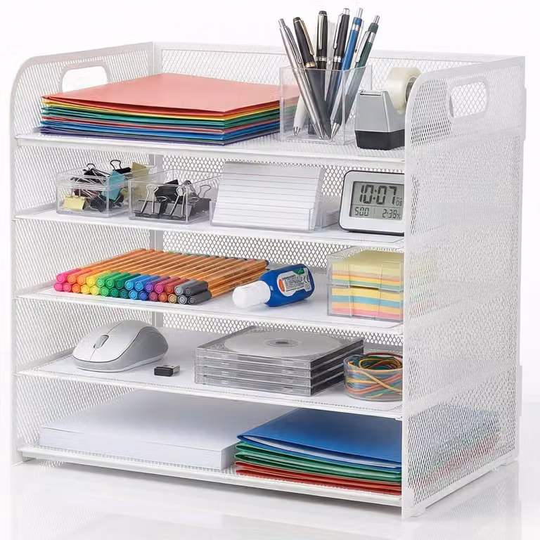 Organizzatore da scrivania in metallo a 5 ripiani, con maniglie