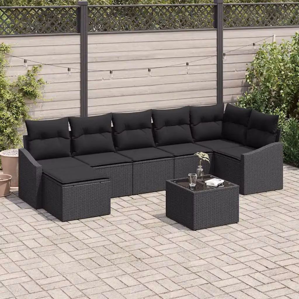Set di divani da giardino vidaXL a forma di U in rattan nero con cuscini e tavolino da esterno – 1