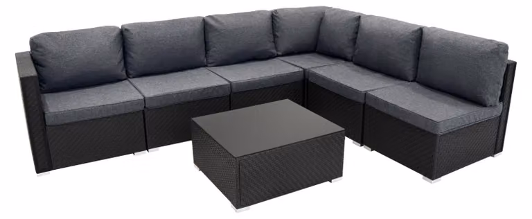 Set modulare per salotto, composto da 7 pezzi - rattan sintetico - nero - 5 posti a sedere