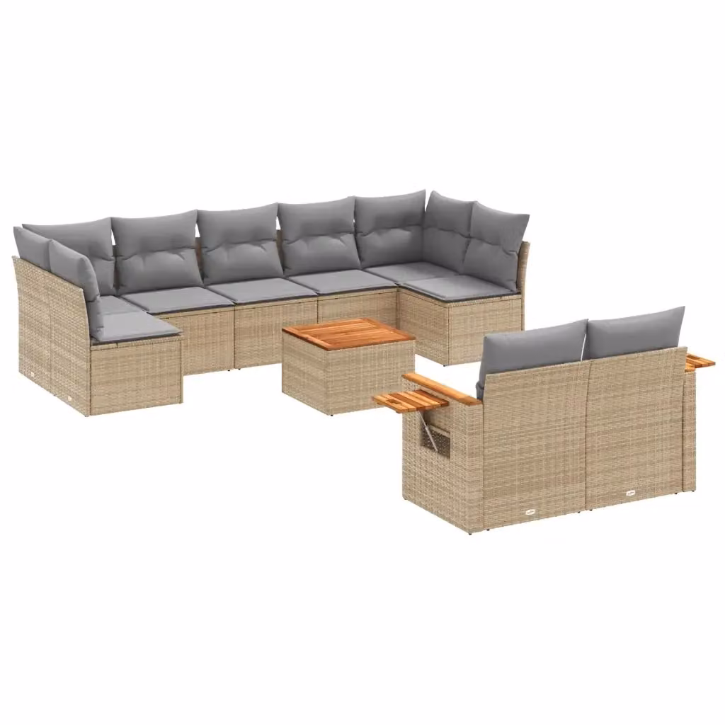 vidaXL Set Divano da Giardino 10 pz a Forma di L in Polyrattan con Cuscini Beige e Tavolino da Esterno – 2