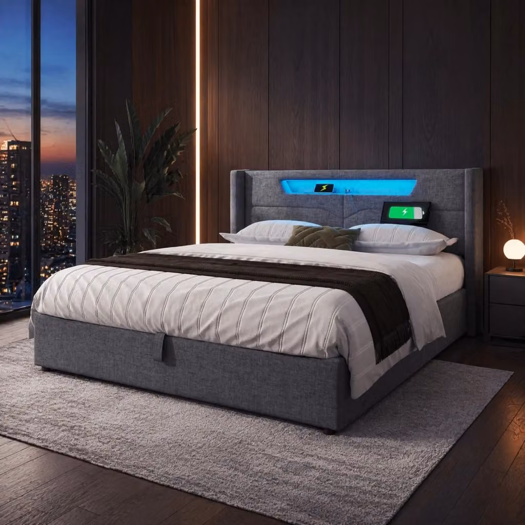 Letto matrimoniale MODFU con contenitore e illuminazione LED, porte USB, rivestimento in tessuto grigio, L/P: 160 x 200 cm – 2