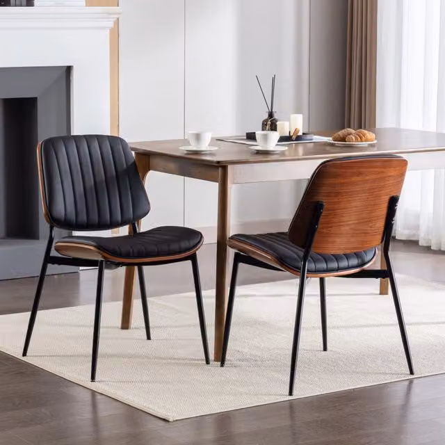 Set di 2 sedie da pranzo MINIMAL in similpelle nera con schienale in legno e gambe in metallo