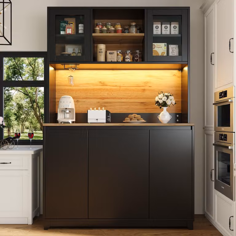 Armadi da cucina Sweiko (120 × 40 × 180 cm), tavolini alti da cucina, credenze, armadi da cucina con ante in acrilico e illuminazione LED, nero